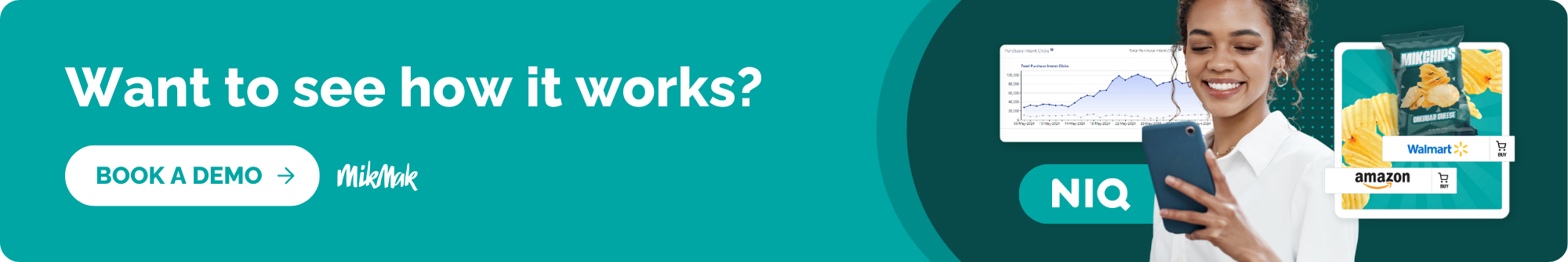 Banner with text "Want to see how it works? Book a demo" followed by the MikMak logo.